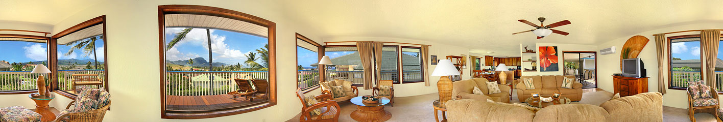 panoramic of living area in Poipu vacation rental home