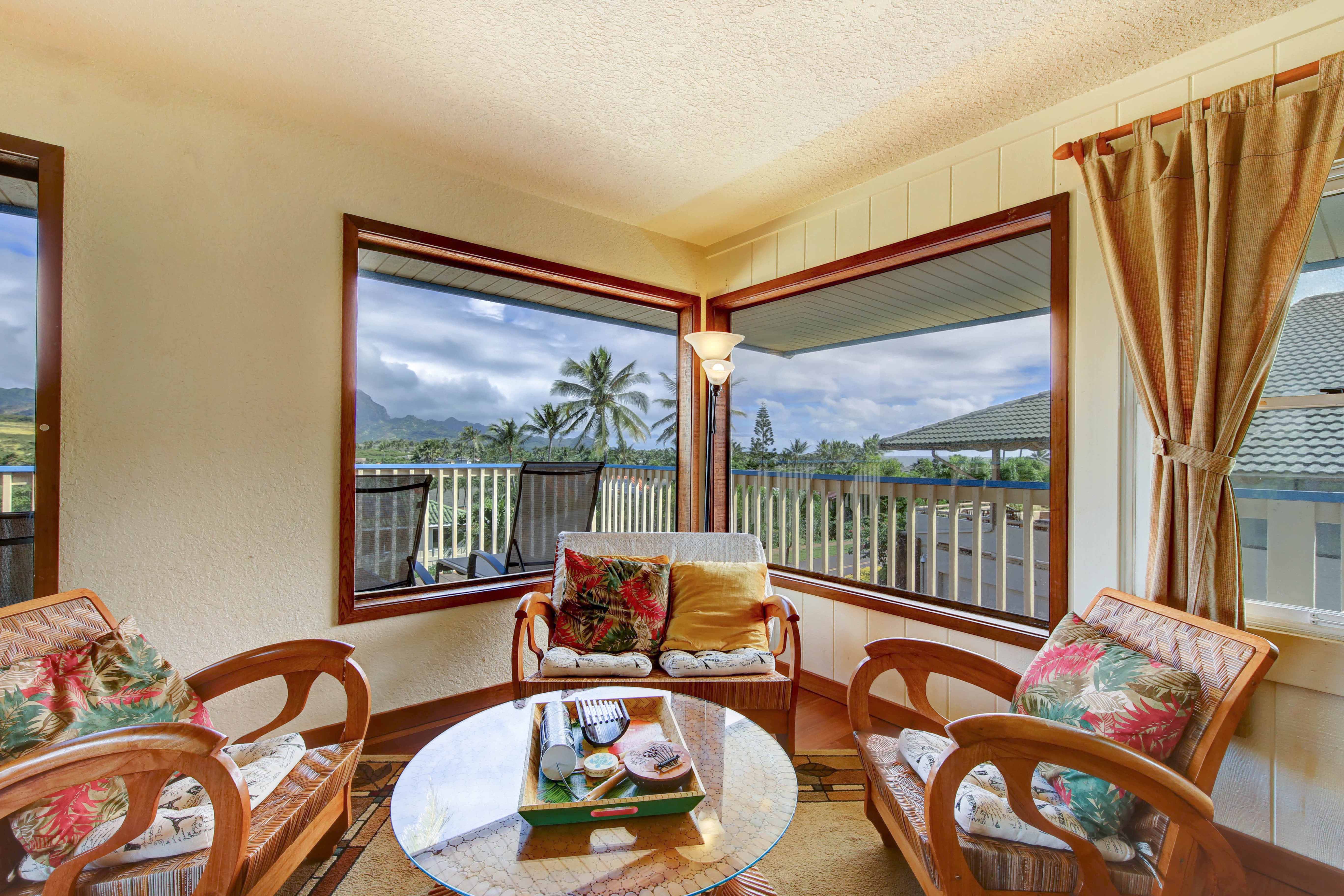See Haupu mountain, partial golf course, Ocean views from living room of our kauai vacation rental